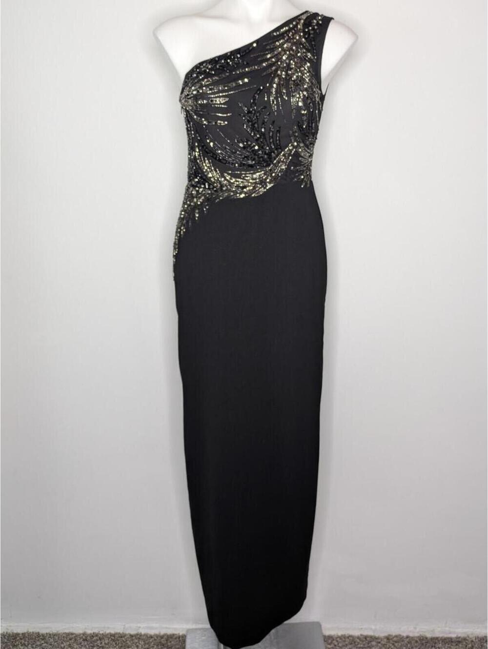 Adrianna Papell Black Silver Beaded One Shoulder Evening Maxi Gown Dress 4